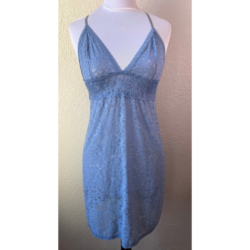 NWOT Victorias Secret‎ Blue Floral Lace Slip Dress Metallic Silver Straps Medium